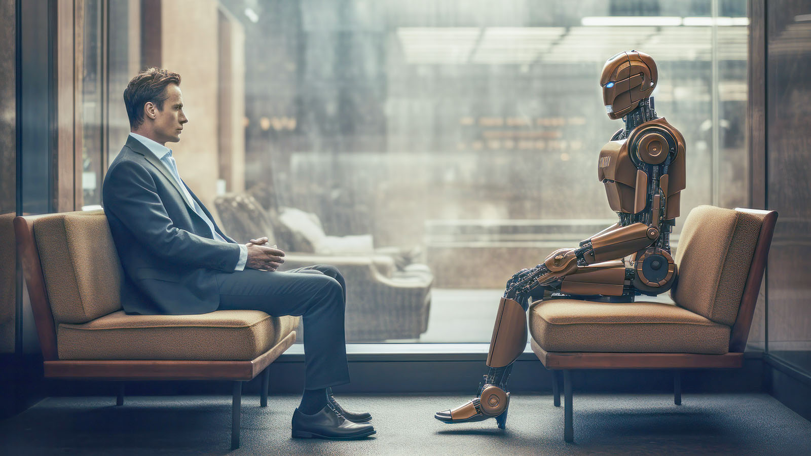 Man sitting across from humanoid robot - the face off between AI and humans.